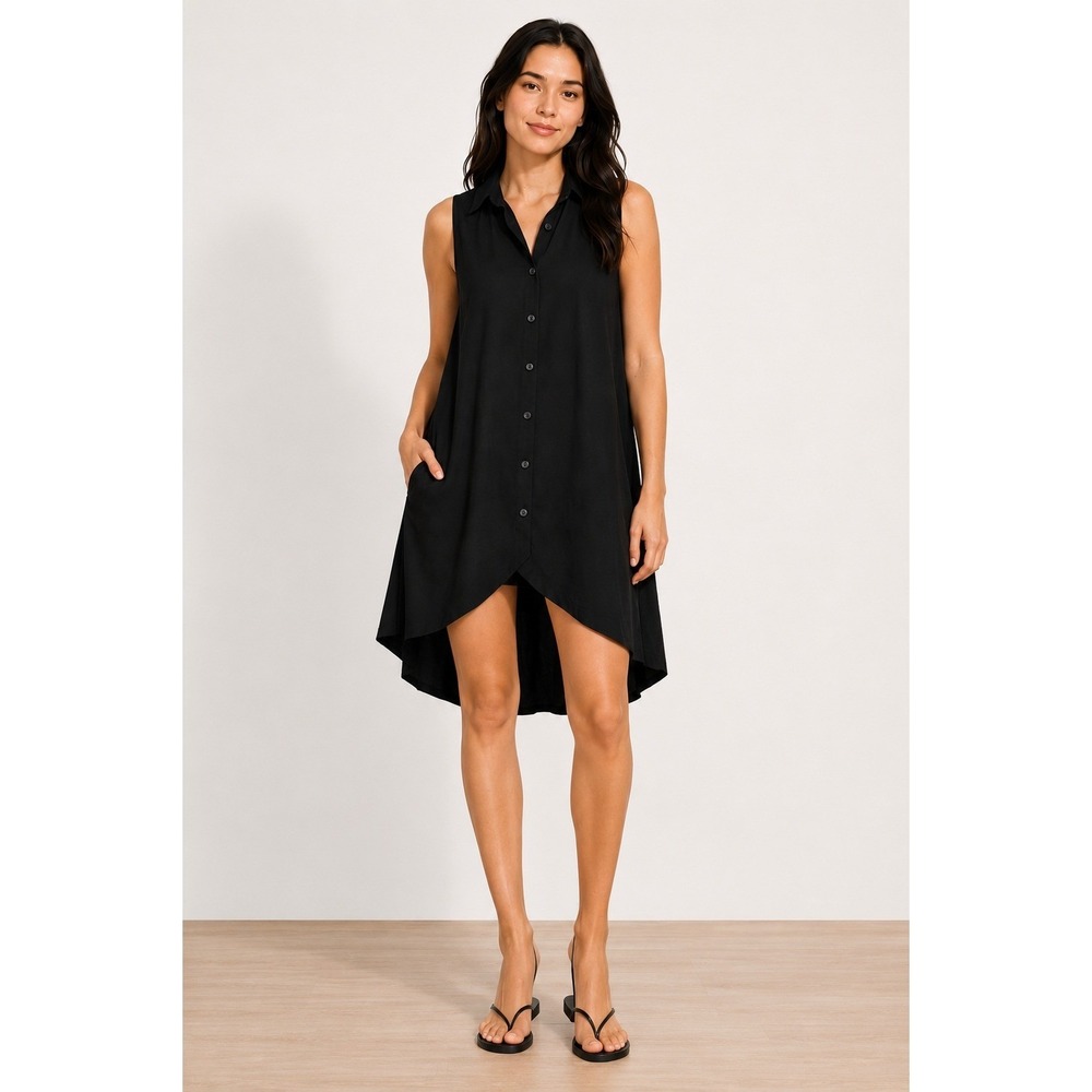 Norma Kamali Shirt Dress Women XS Black Sleeveless Button Down High Low Mini